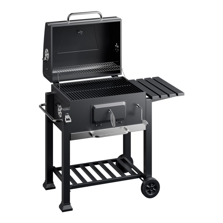 BBQ Holzkohle Grillwagen mit Deckel, Ablage und Feuerklappe, Höhenregulierung für Kohle, Thermometer